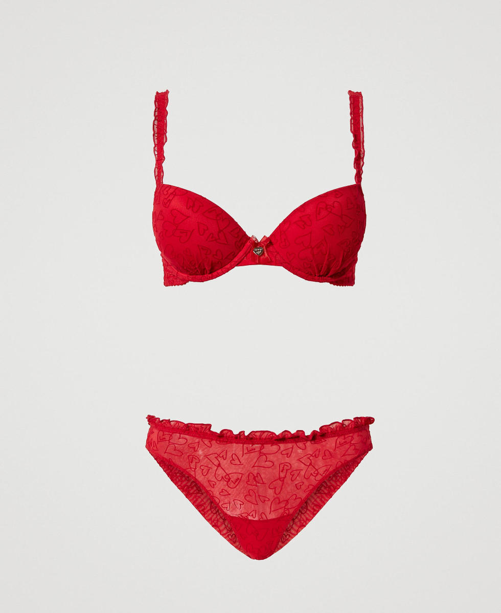 Reggiseno push-up e slip brasiliana in tulle Donna, Rosso