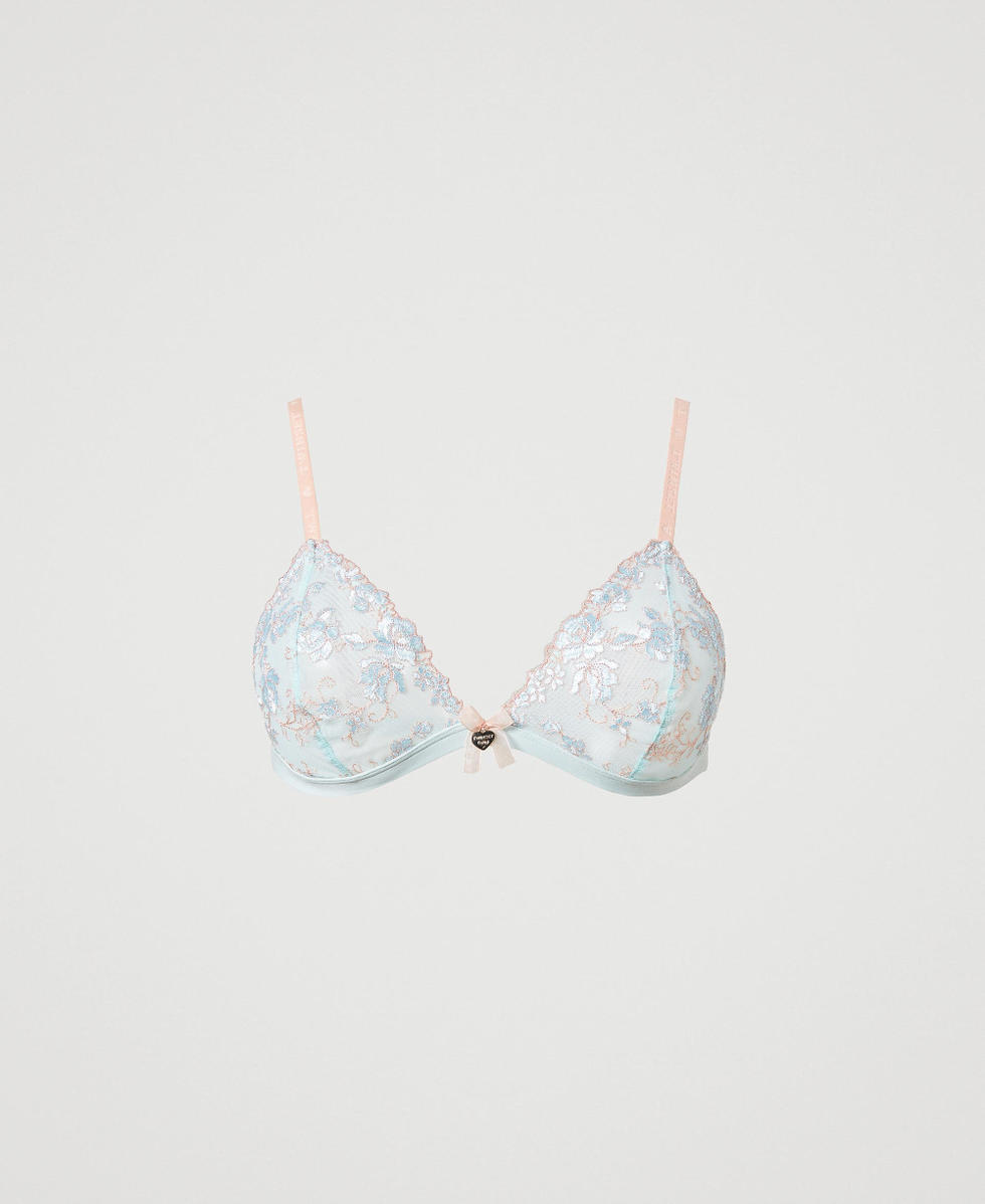 Embroidered tulle triangle bra Woman, Light blue