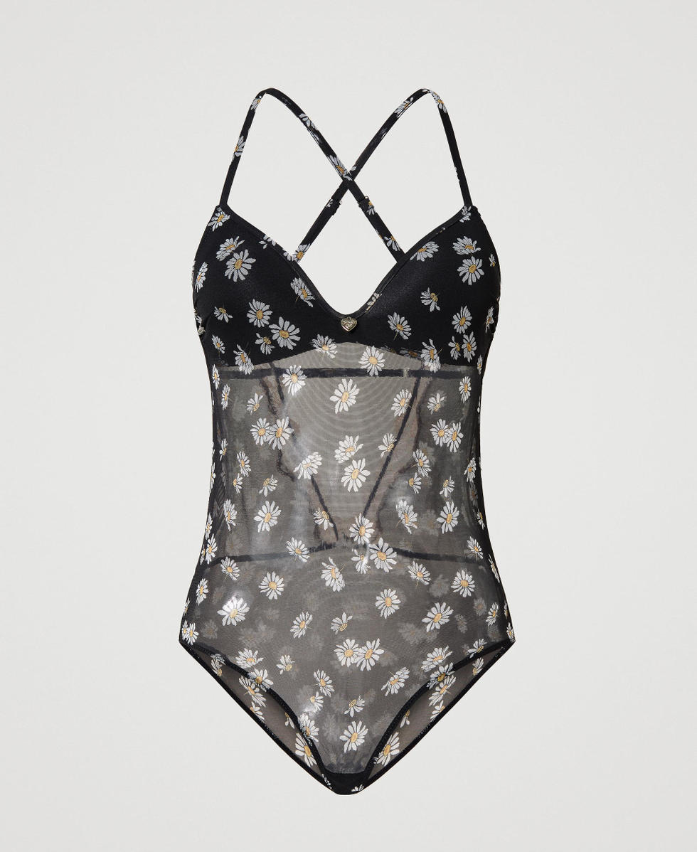 Body de tul con estampado de margaritas Mujer Negro TWINSET Milano