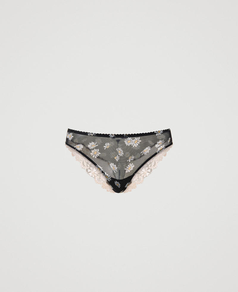 Brazilian-Slip aus Tüll mit Margeritenprint Margeritenprint Schwarz Frau 231LL6M77_10329_0S