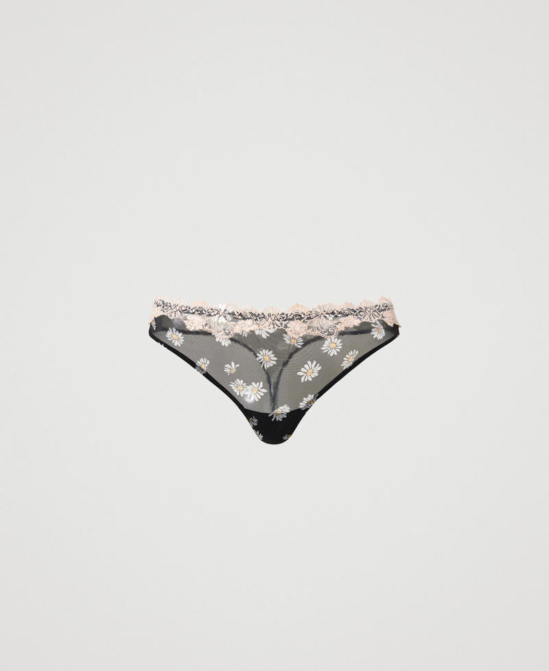 Tulle g-string with daisy print Black Daisy Print Woman 231LL6MZZ_10329_0S