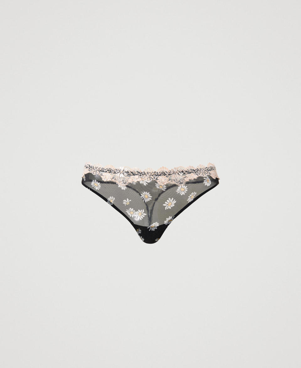 Tulle g-string with daisy print Black Daisy Print Woman 231LL6MZZ_10329_0S