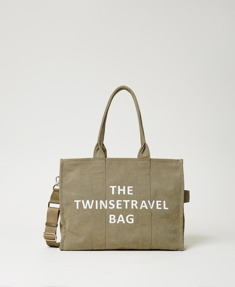 Canvas shopper with logo Woman, Green | TWINSET Milano