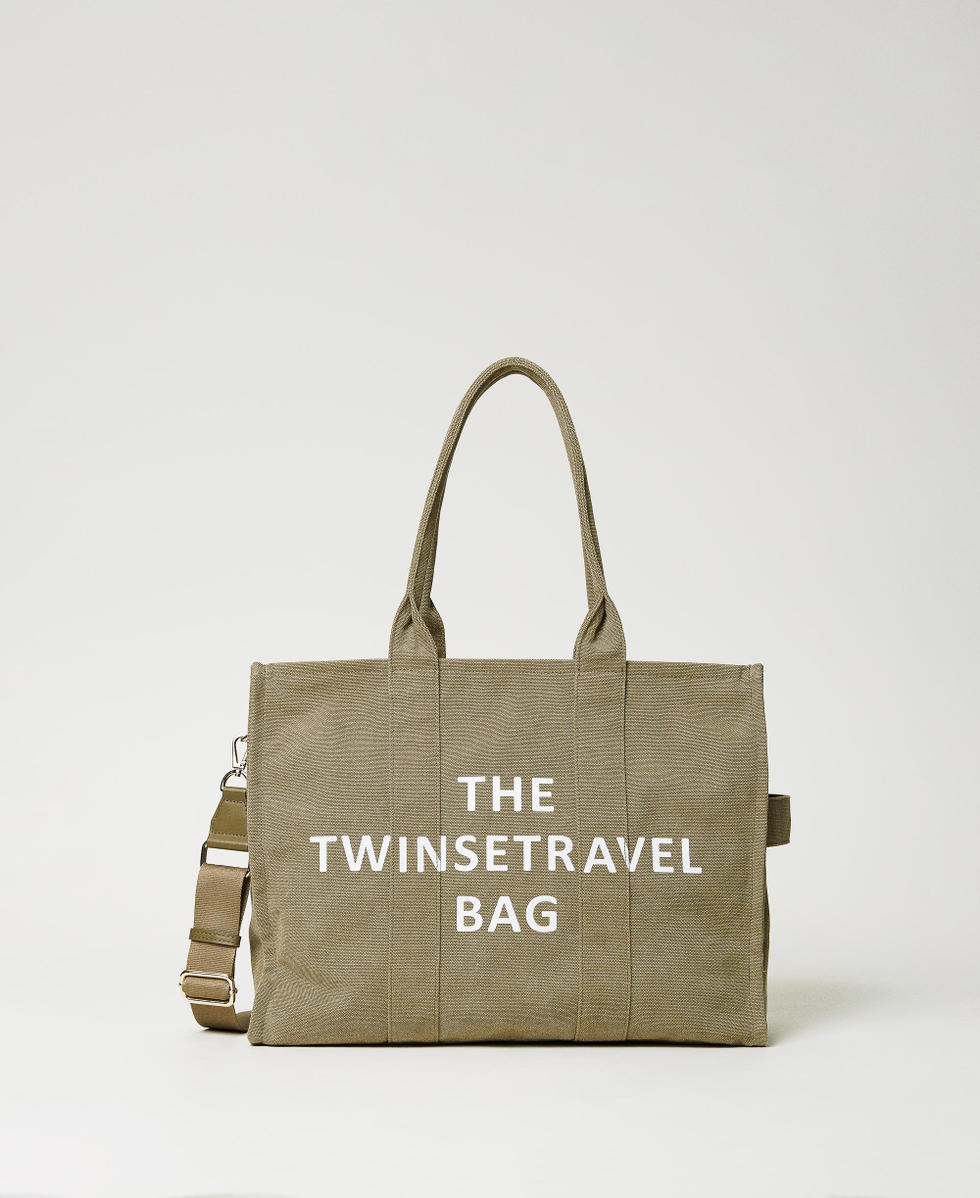 Canvas shopper with logo Woman Green TWINSET Milano