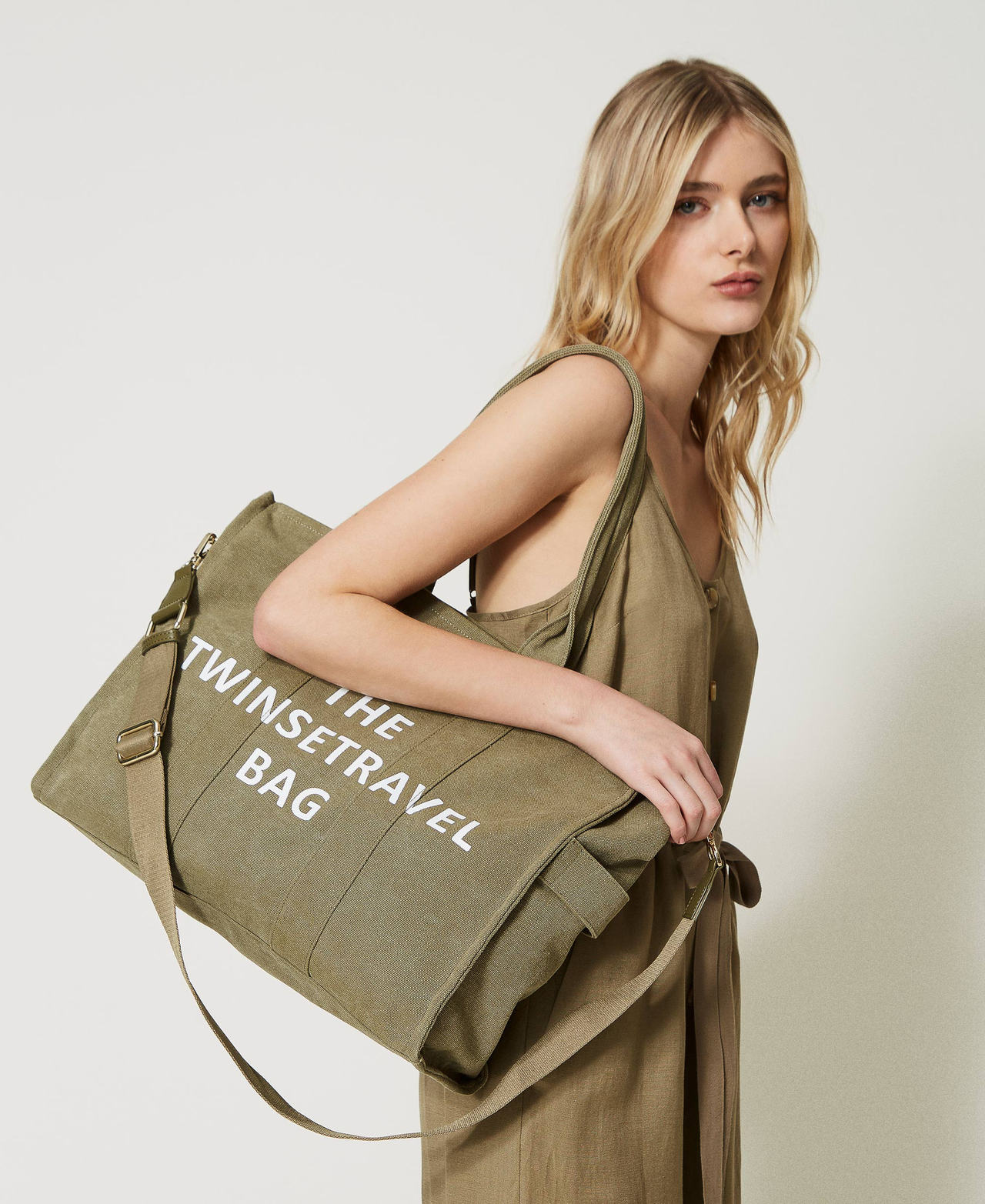 Canvas shopper with logo Elm Green Woman 231LL7900_10284_0S