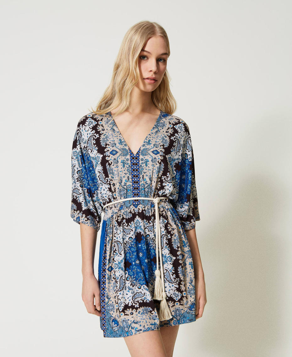 Robe en coton brodé bleu mécanique avec jupon et foulard assorti main image 0