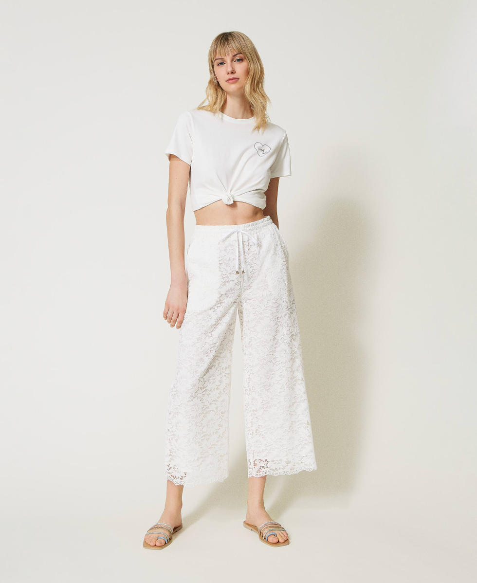 Cropped macrame lace trousers Woman White TWINSET Milano