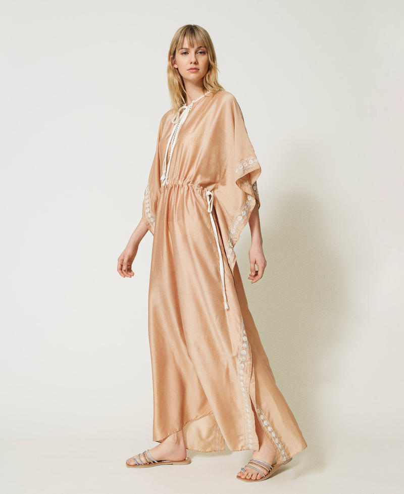 Длинное платье-кафтан из муслина с вышивкой Двухцветный Бежевый "Карибский пляж"/Кремовый женщина 231LM2FAA-02
