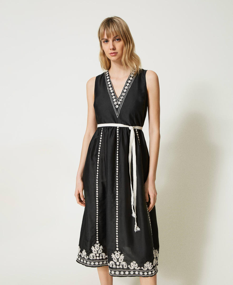 Midi muslin dress with embroidery Woman, Black | TWINSET Milano