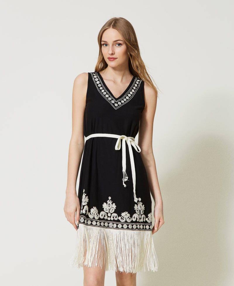 Short dress with embroidery and fringes Two-tone Black / Cream Woman 231LM2FEE-01