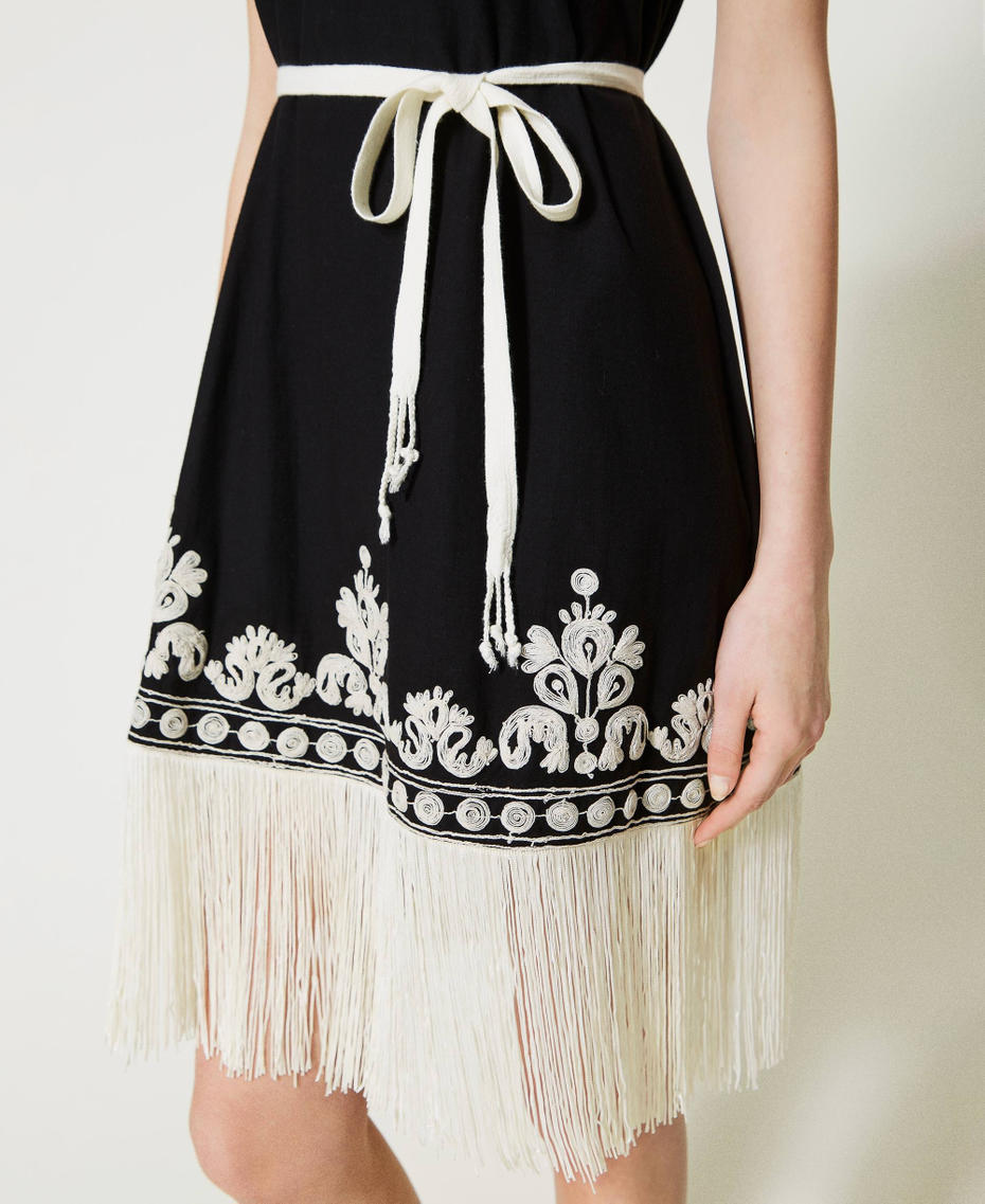 Short dress with embroidery and fringes Two-tone Black / Cream Woman 231LM2FEE-04