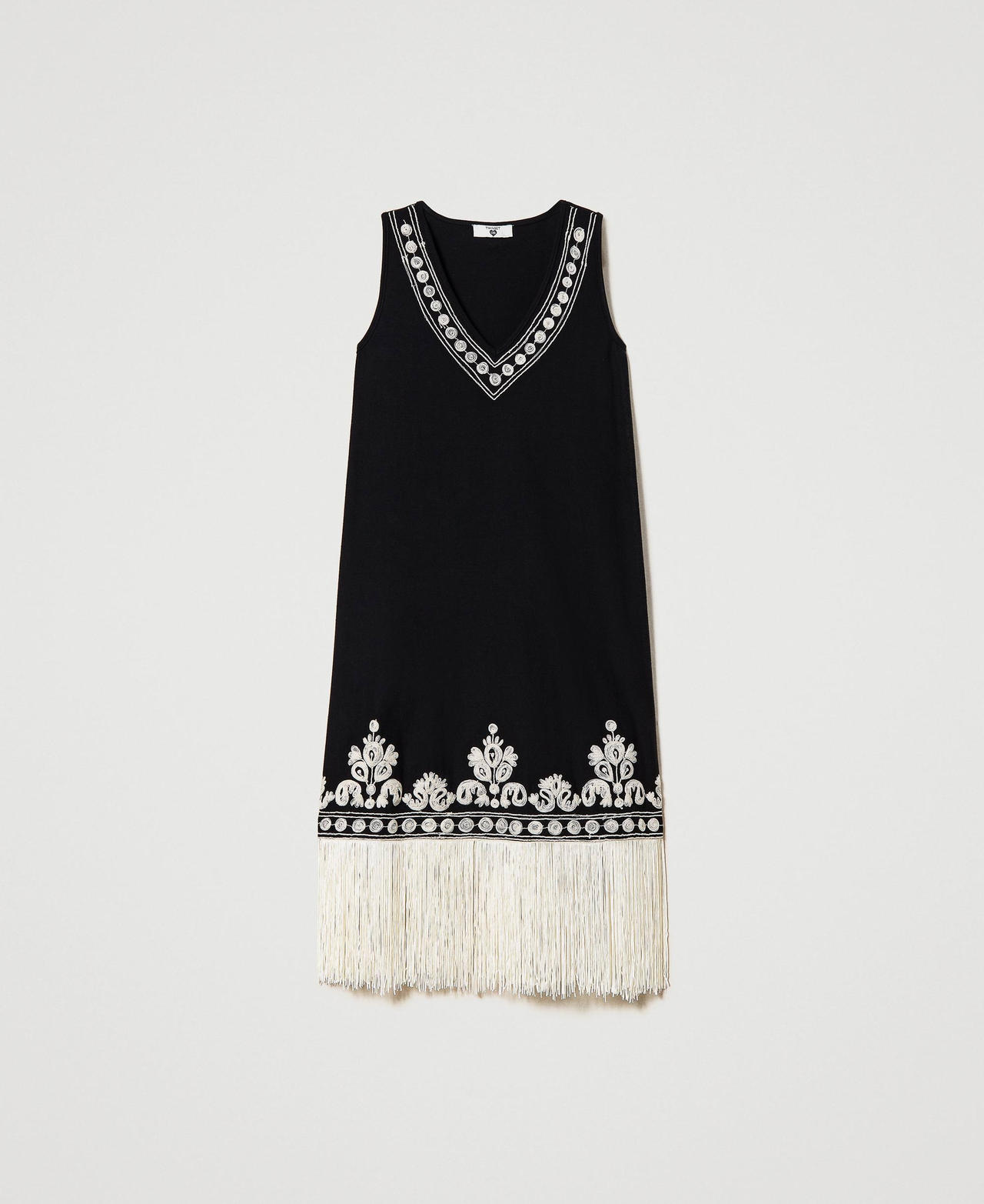 Short dress with embroidery and fringes Two-tone Black / Cream Woman 231LM2FEE-0S