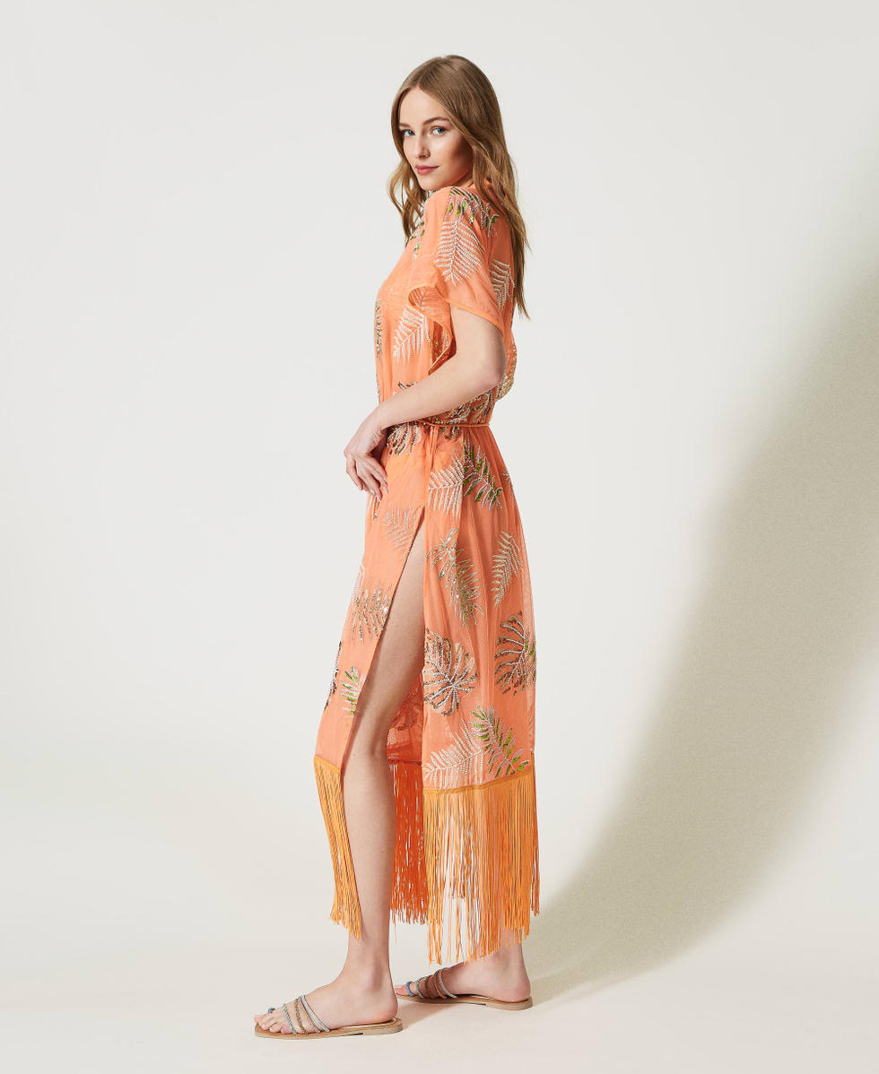 Long kaftan with embroidery and fringes