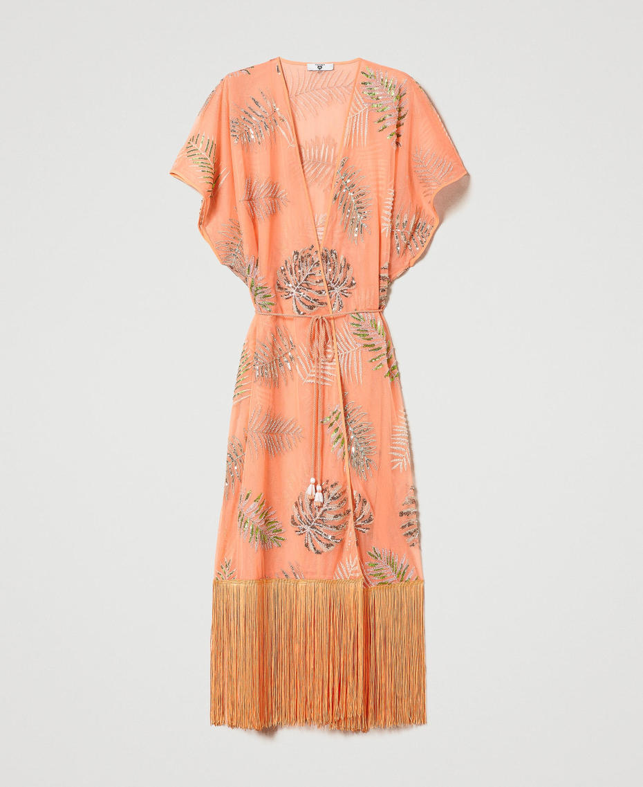 Caftano lungo con ricamo e frange