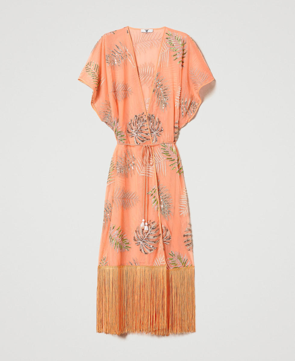Long kaftan with embroidery and fringes