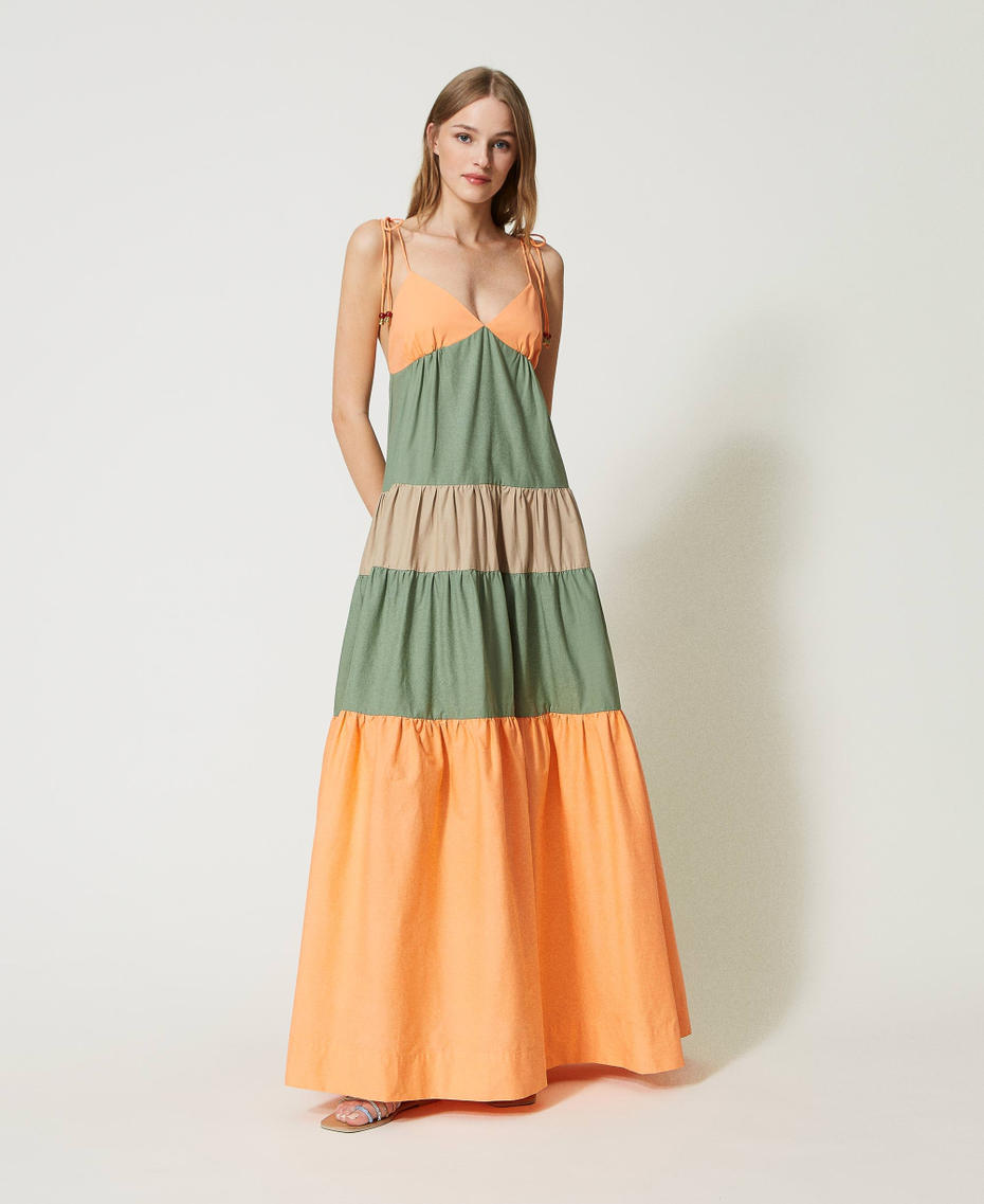 Длинное двухцветное платье с оборками Разноцветный Оранжевый "Канталупа" / Зеленый "Зеленый Черепаховый" / Бежевый "Карибский" женщина 231LM2HBB-01
