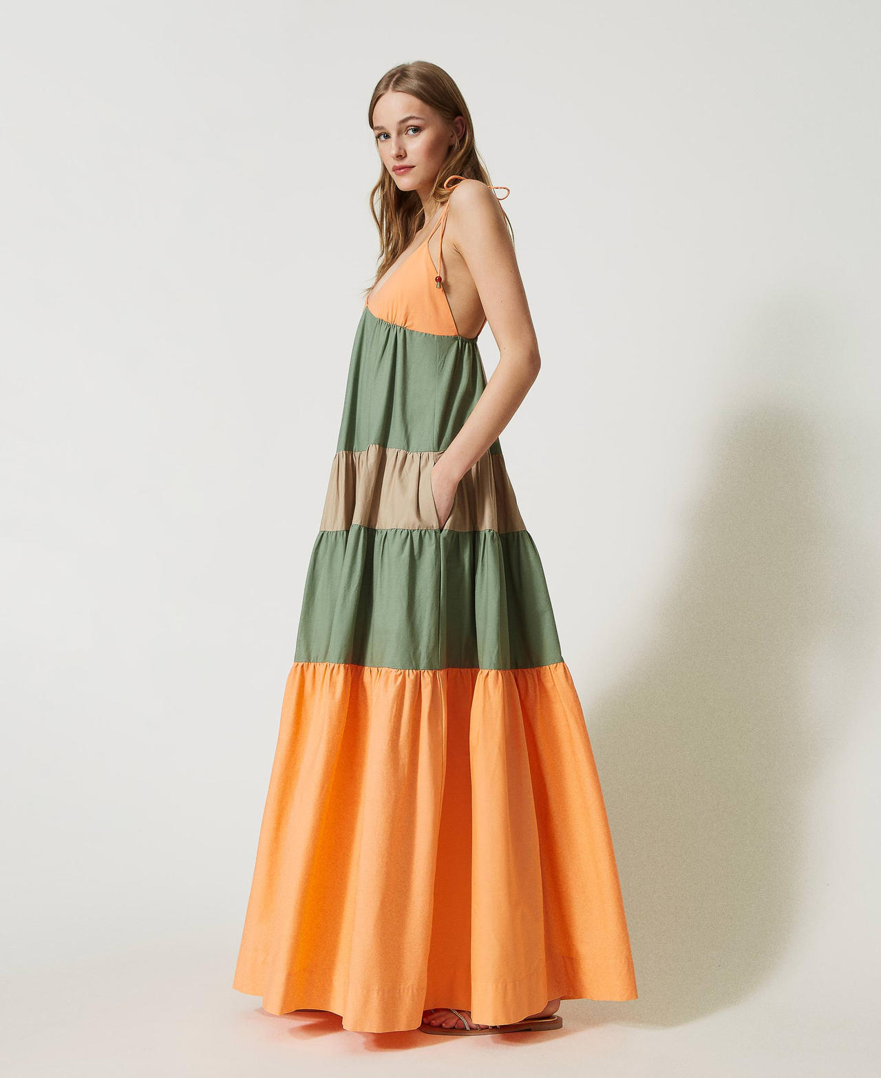 Long dress with two-tone flounces Multicolour “Cantaloupe” Orange / “Turtle Green” / “Caribbean” Beige Woman 231LM2HBB-02