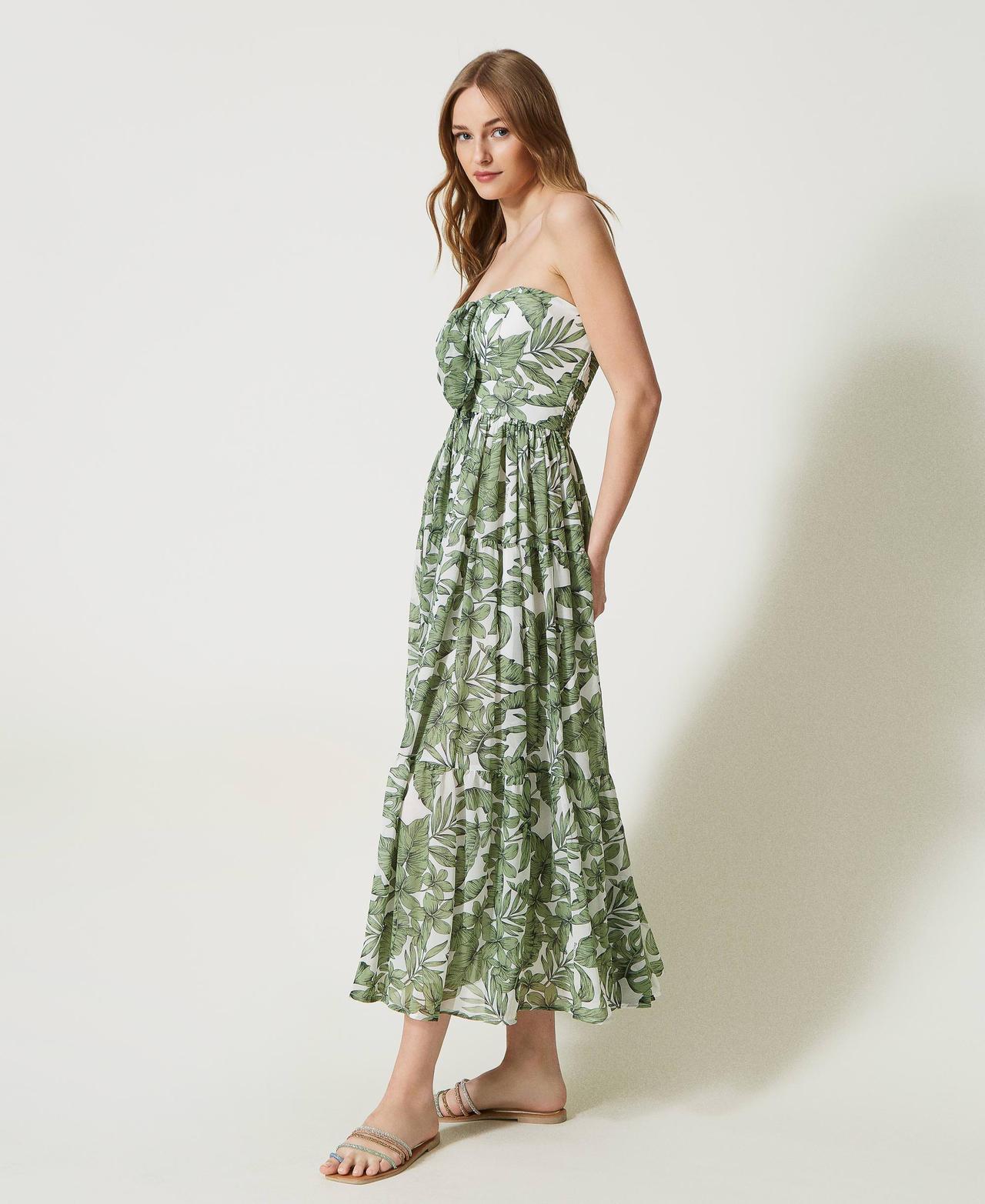 Abito longuette in georgette Stampa Palm Verde "Turtle Green" Donna 231LM2NCC_10599_02