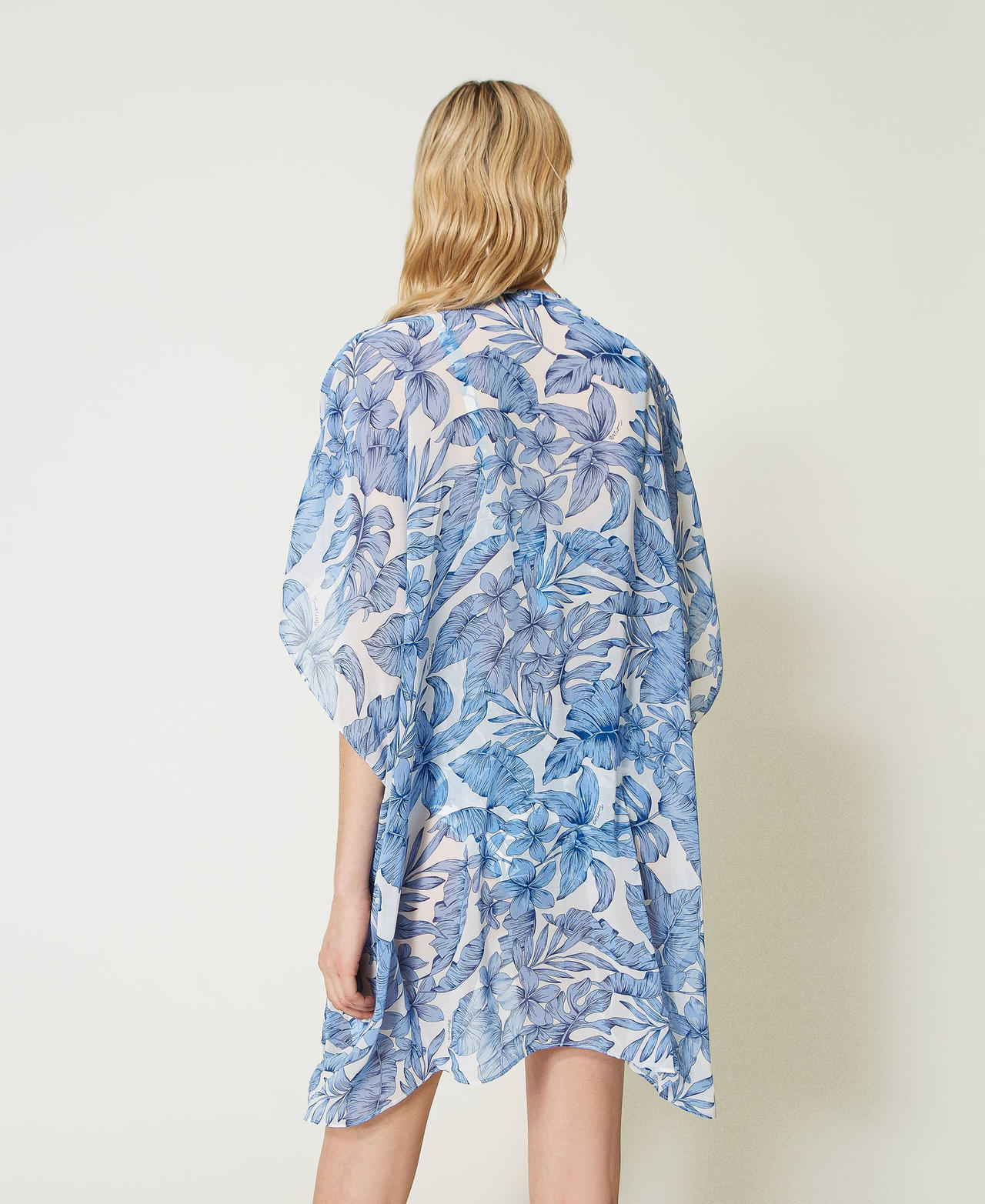 Printed kaftan with fringes "Granada Sky” Blue Palm Print Woman 231LM2NEE-03