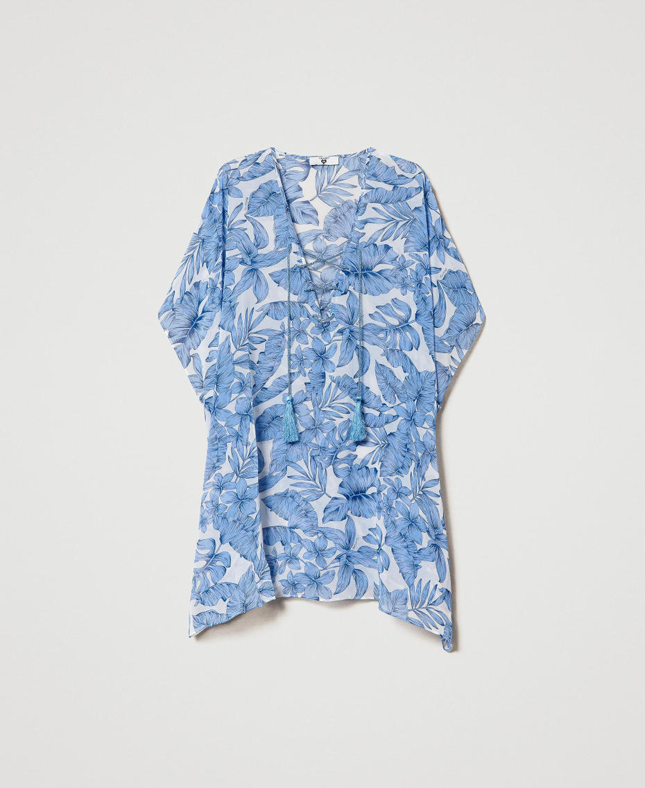 Printed kaftan with fringes "Granada Sky” Blue Palm Print Woman 231LM2NEE-0S
