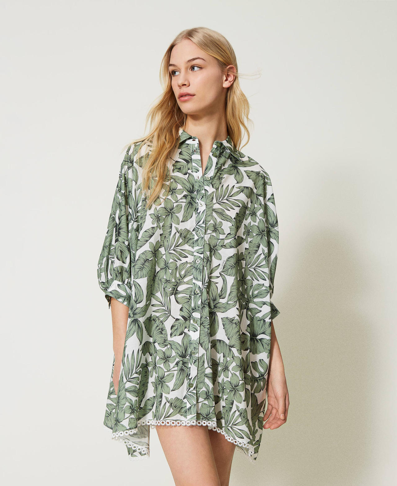 Camicia over in mussola stampata Stampa Palm Verde "Turtle Green" Donna 231LM2PAA_10599_02