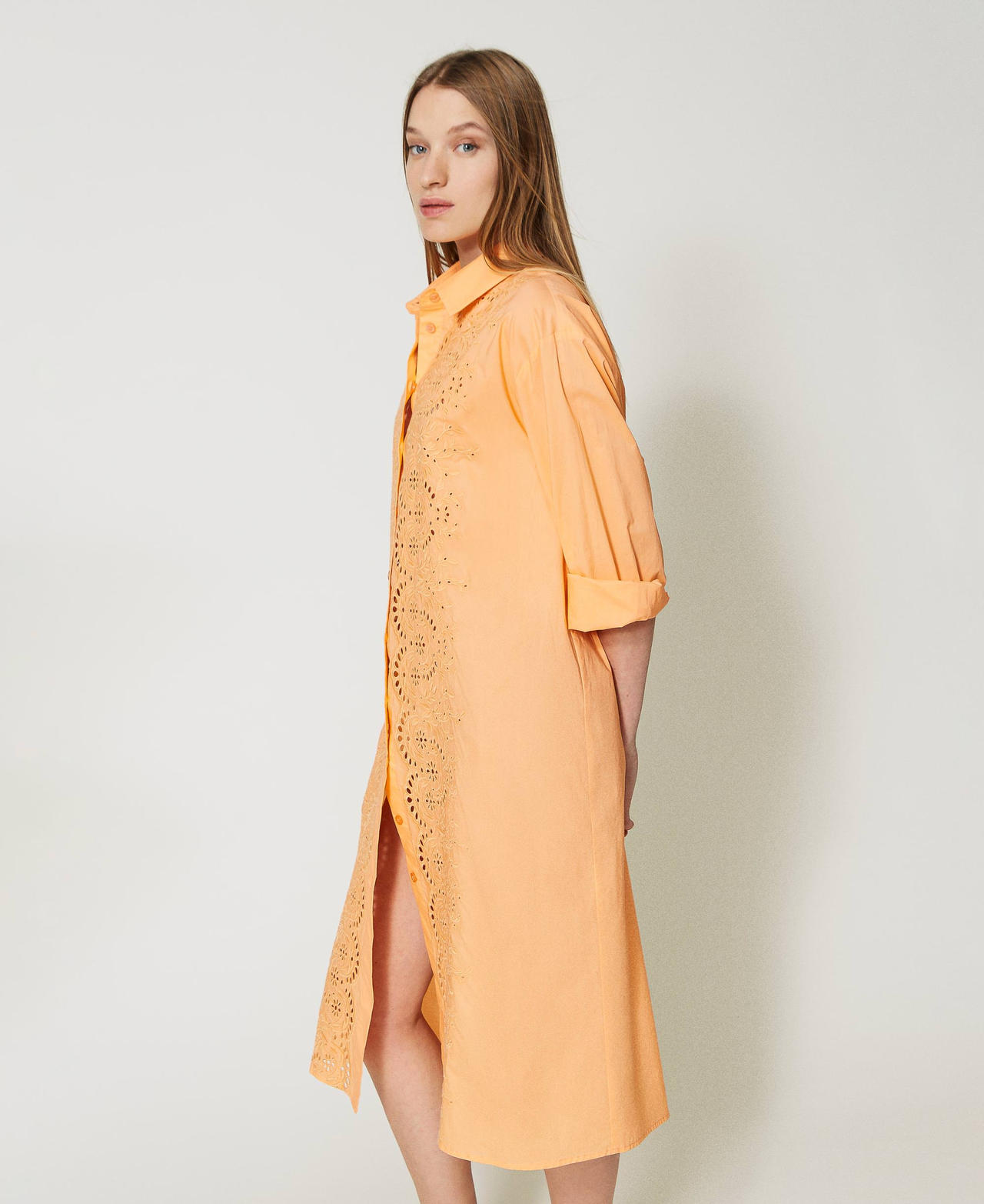 Robe chemisier midi avec broderie anglaise Femme, Orange | TWINSET Milano