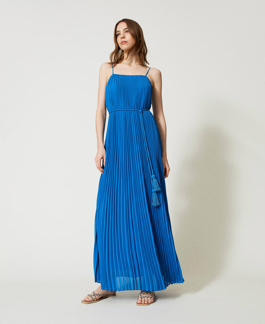 Pleated long dress with belt “Neon Ink” Blue Woman 231LM2RDD_00739_01