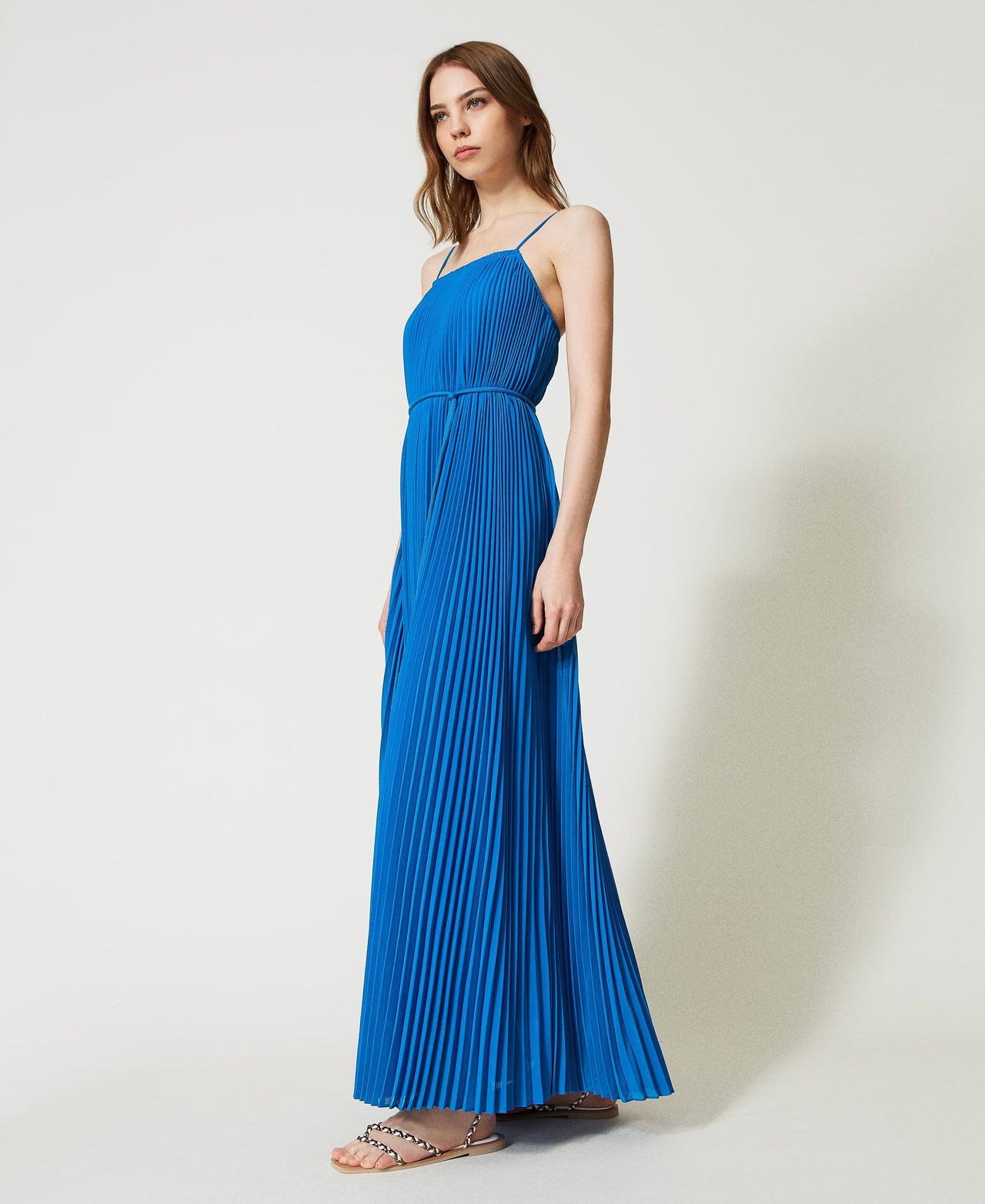 Pleated long dress with belt “Neon Ink” Blue Woman 231LM2RDD_00739_02