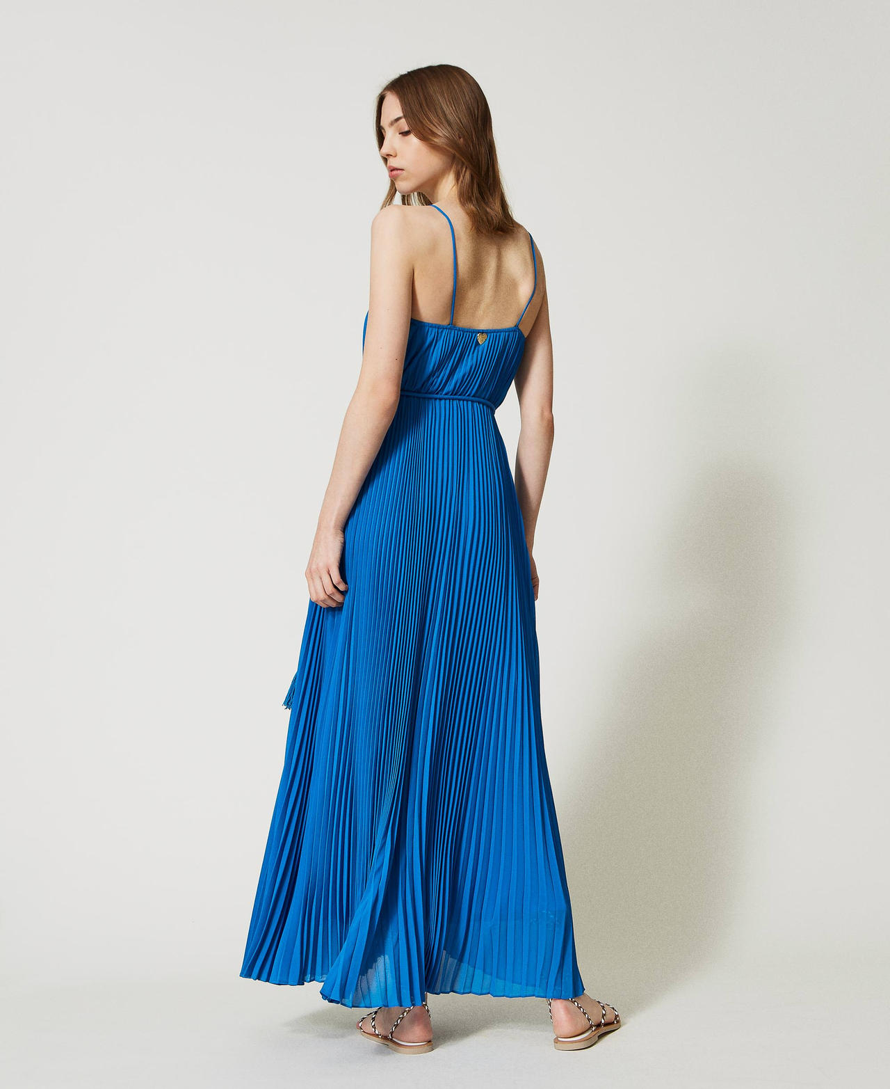 Vestido plisado de falda doble con tirantes y lazo Azul Océano Tallas Grandes