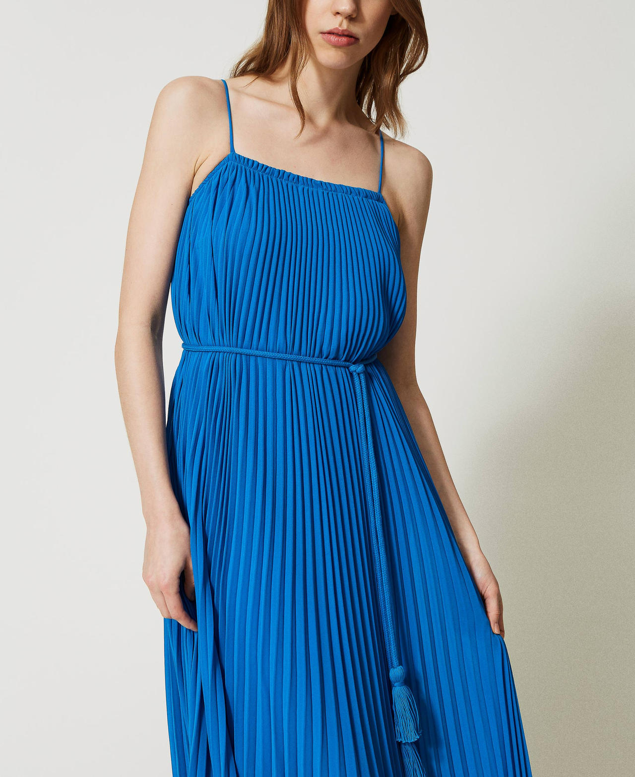 Pleated dress with belt sales