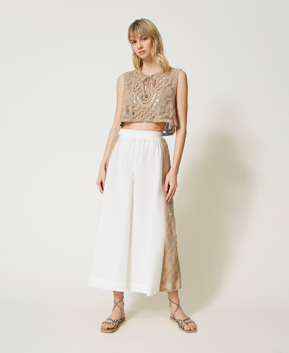 Cropped trousers with macramé lace bands Two-tone Off White / "Caribbean Beach” Beige Woman 231LM2SAA-01
