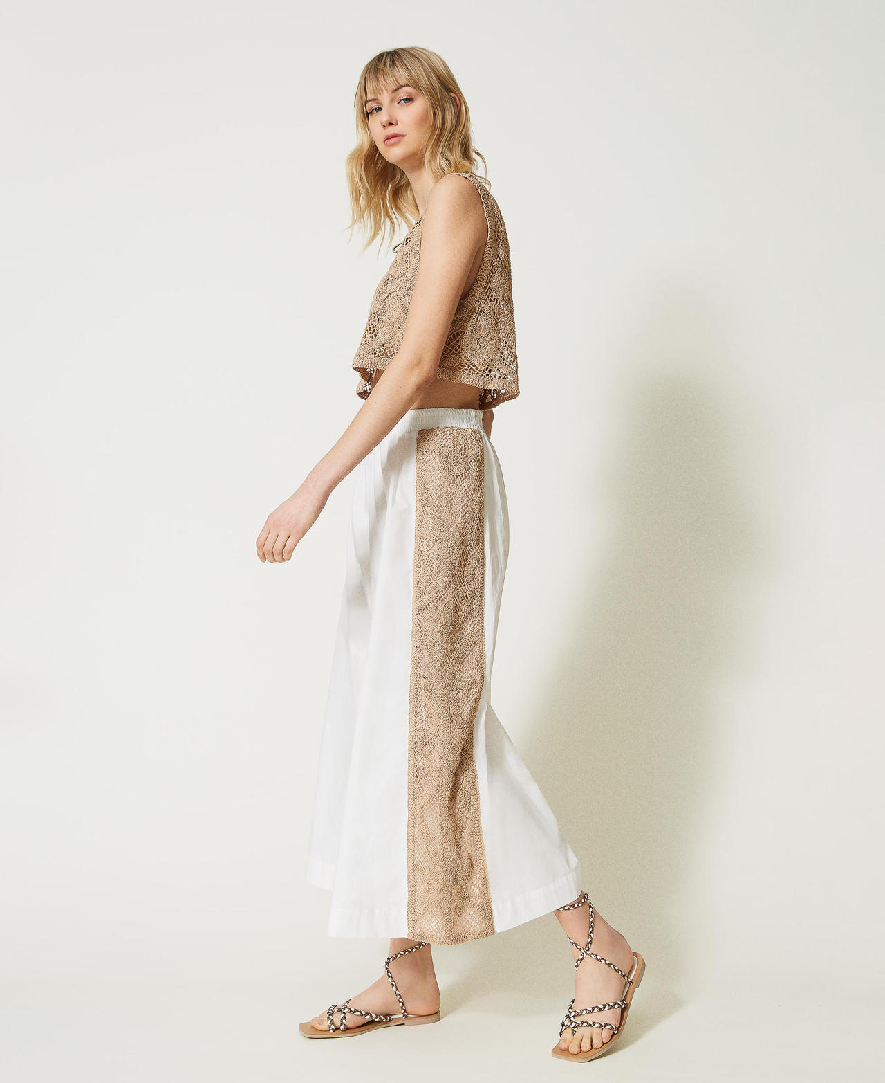 Cropped trousers with macramé lace bands Two-tone Off White / "Caribbean Beach” Beige Woman 231LM2SAA-02