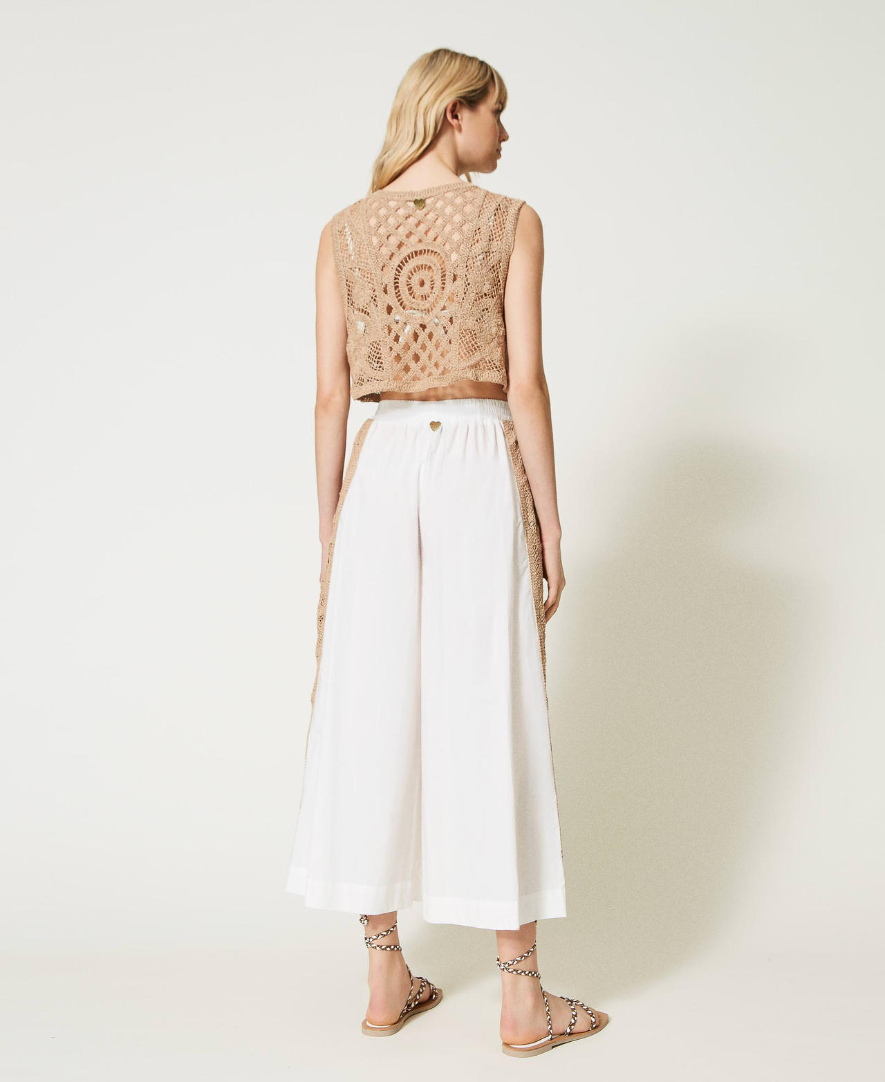 Cropped trousers with macramé lace bands Two-tone Off White / "Caribbean Beach” Beige Woman 231LM2SAA-03