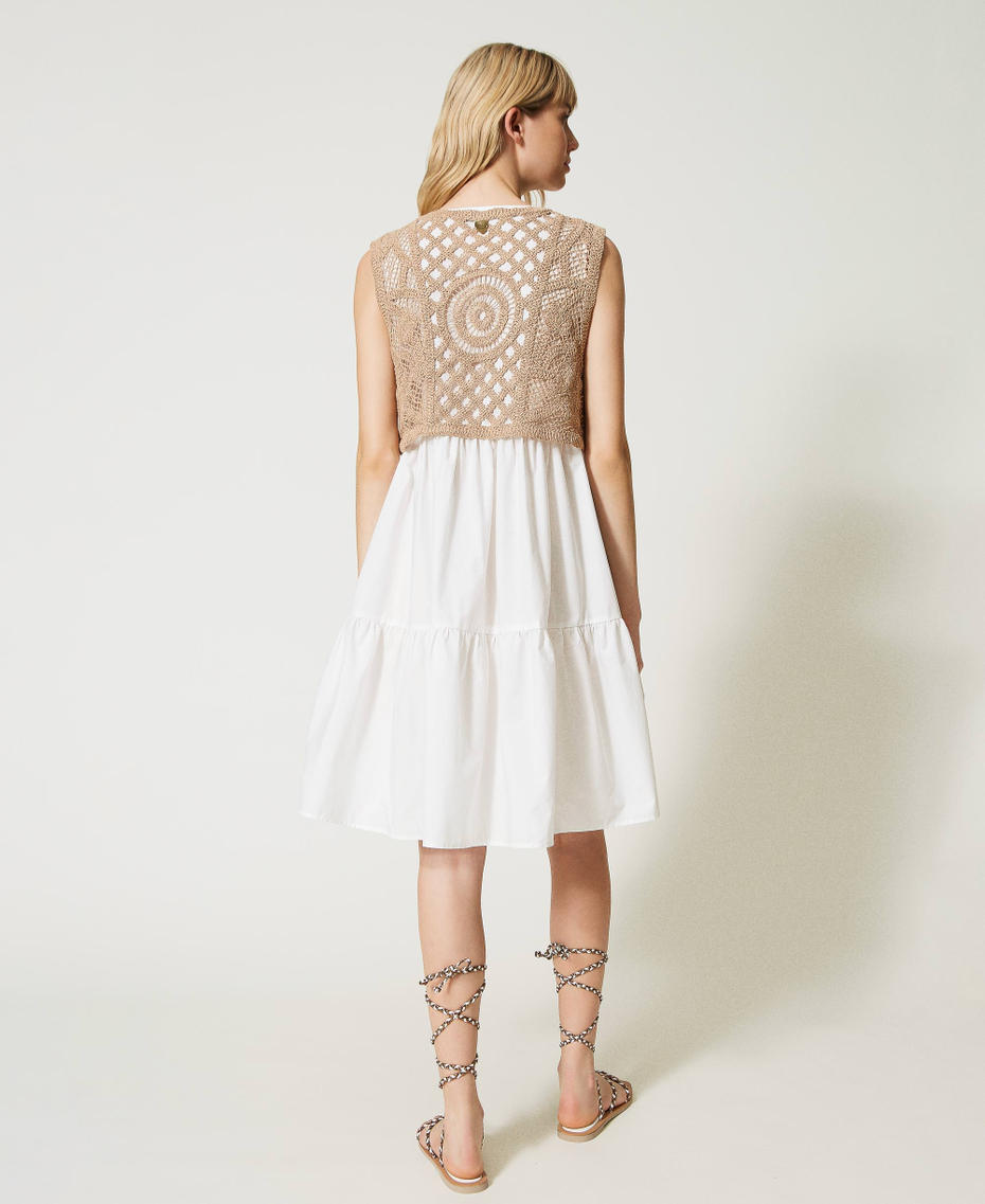 Abito corto in popeline con top in macramè Bicolor Off White / Beige "Caribbean Beach" Donna 231LM2SCC_10609_03