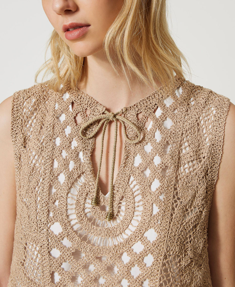 Abito corto in popeline con top in macramè Bicolor Off White / Beige "Caribbean Beach" Donna 231LM2SCC_10609_04