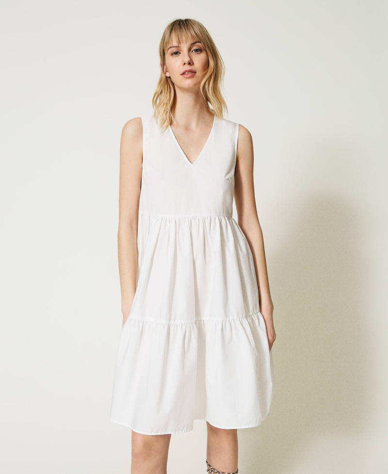 Abito corto in popeline con top in macramè Bicolor Off White / Beige "Caribbean Beach" Donna 231LM2SCC_10609_05