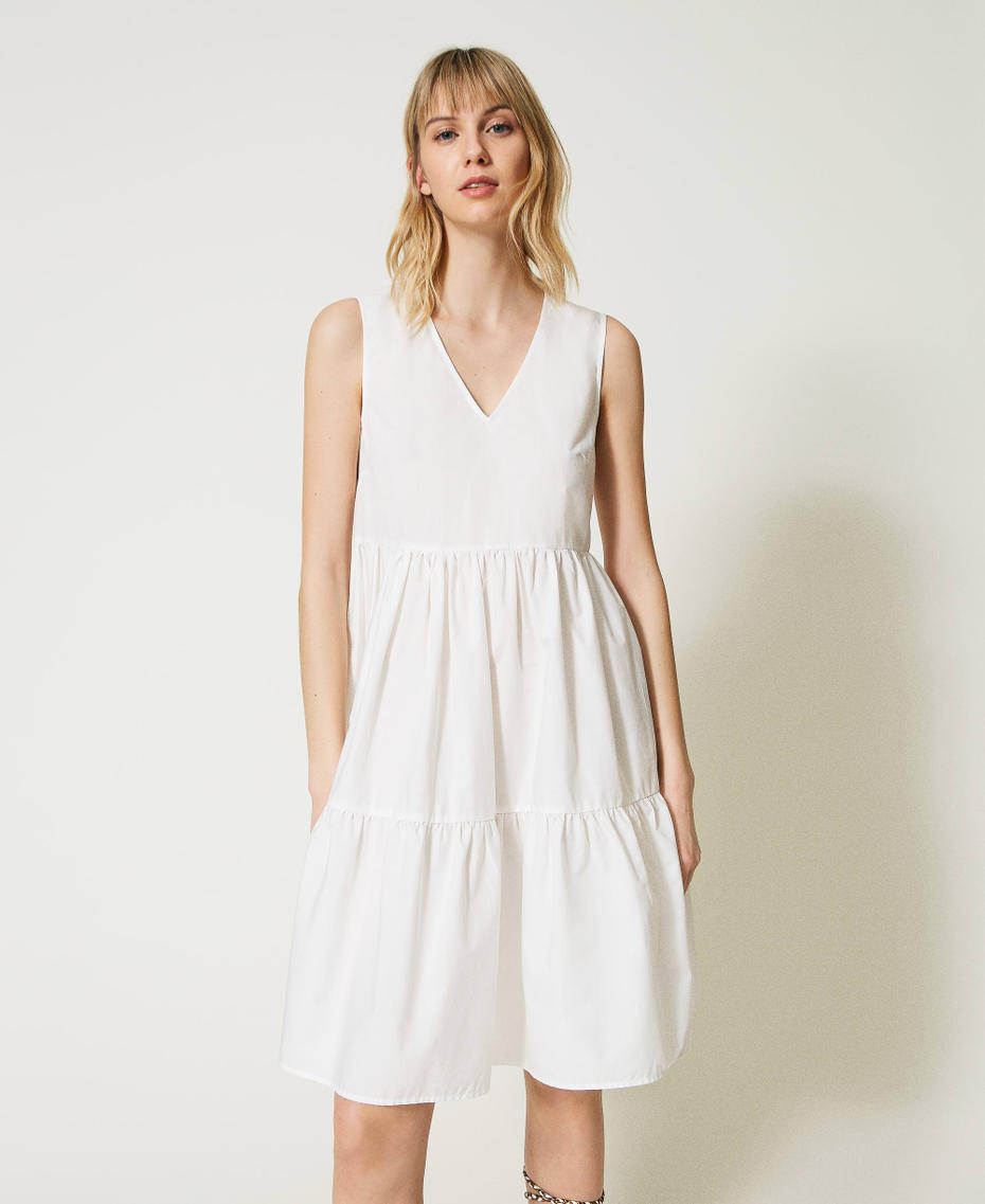 Kurzes Kleid aus Popeline mit Top aus Makrameespitze Zweifarbig Off White / „Caribbean Beach“-Beige Frau 231LM2SCC-05