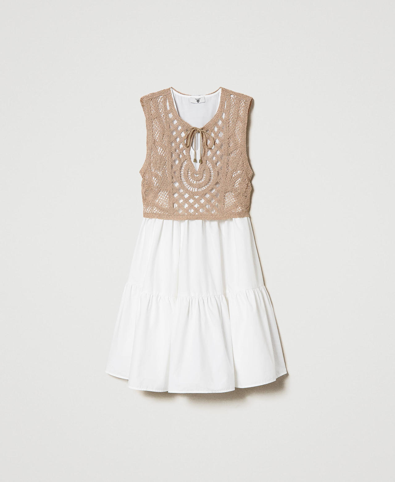 Kurzes Kleid aus Popeline mit Top aus Makrameespitze Zweifarbig Off White / „Caribbean Beach“-Beige Frau 231LM2SCC-0S