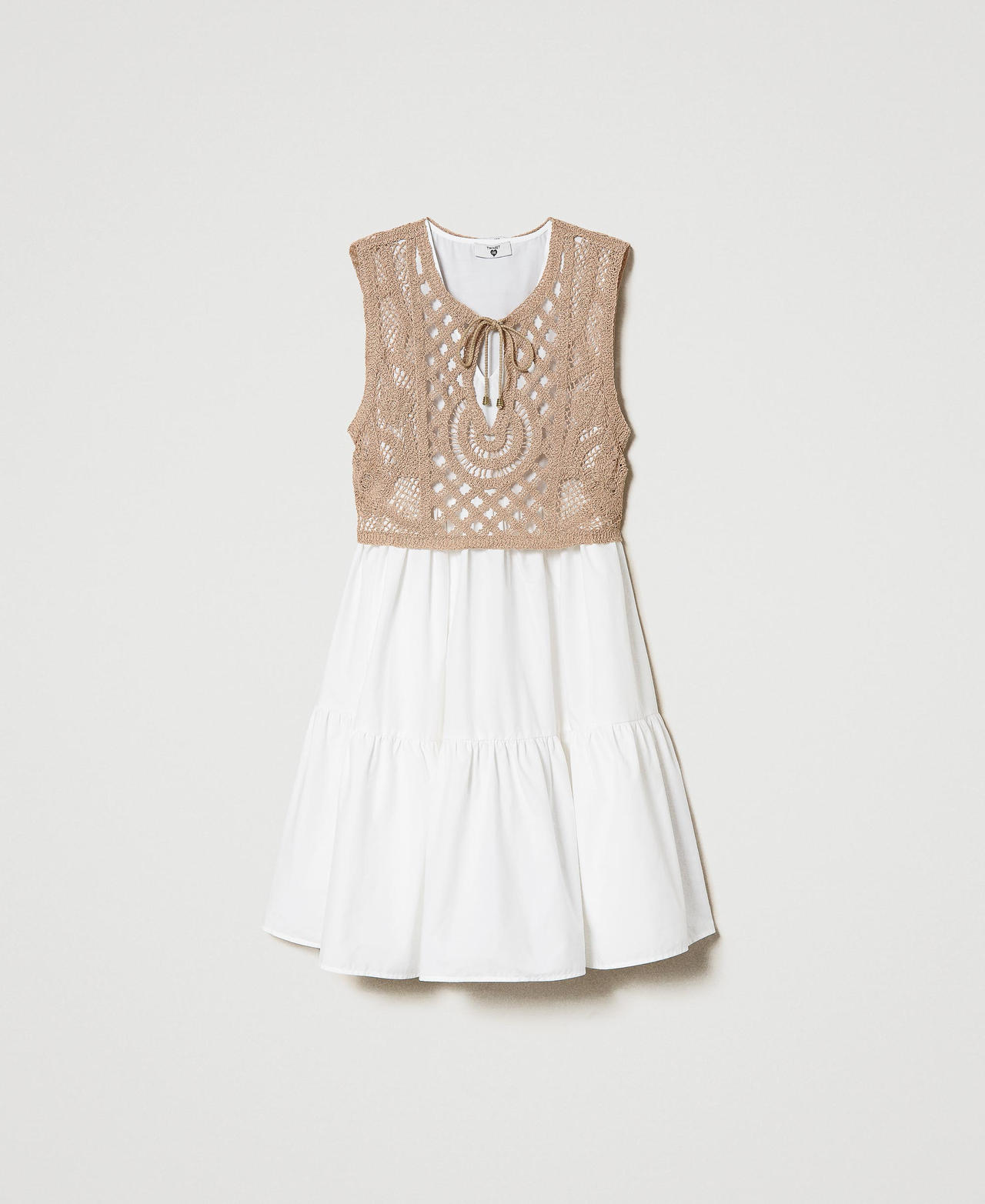 Abito corto in popeline con top in macramè Bicolor Off White / Beige "Caribbean Beach" Donna 231LM2SCC_10609_0S