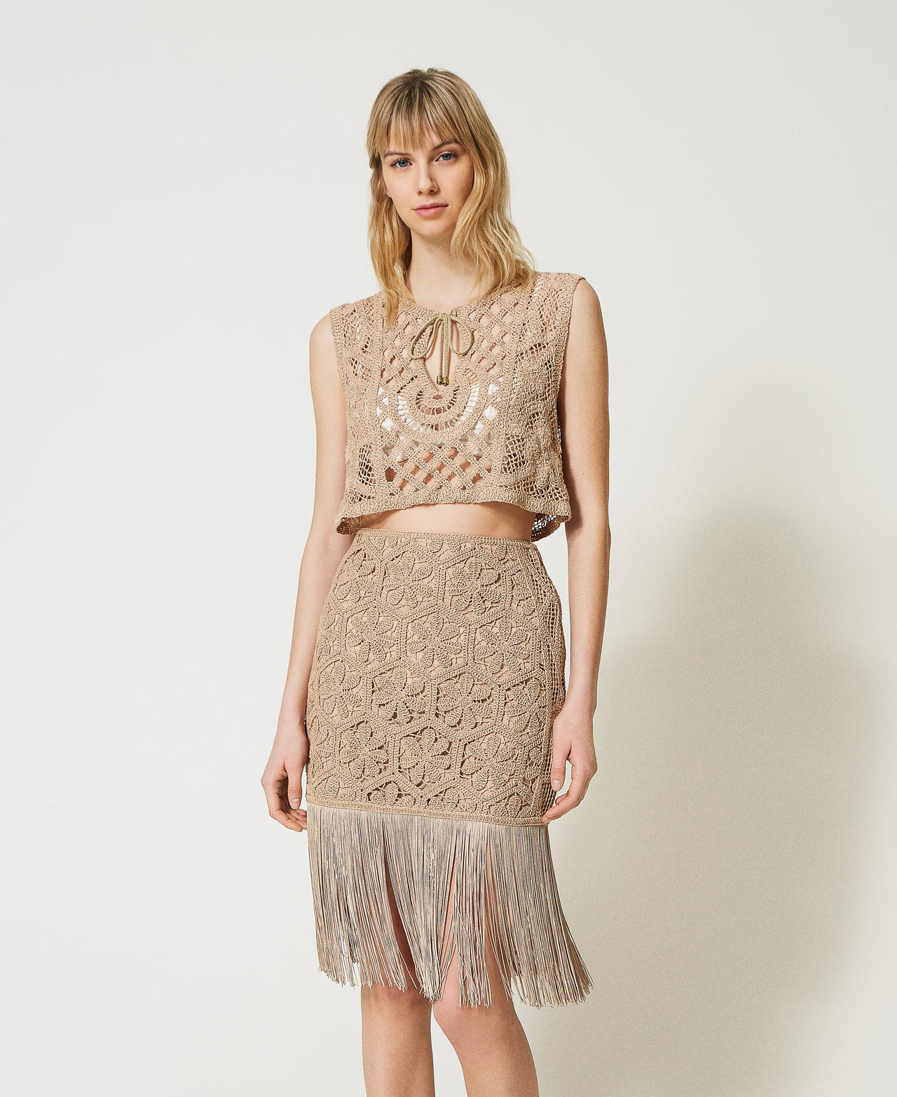 Falda de macramé con flecos Mujer, Beige TWINSET Milano