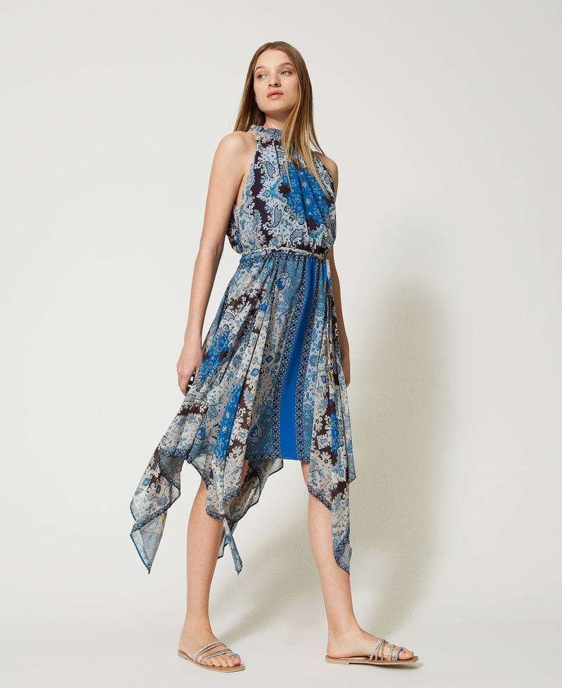 Asymmetric dress with scarf print “Neon Ink” Blue Scarf Print Woman 231LM2UDD-01