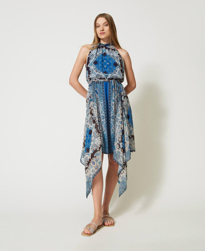 Asymmetric dress with scarf print “Neon Ink” Blue Scarf Print Woman 231LM2UDD-02