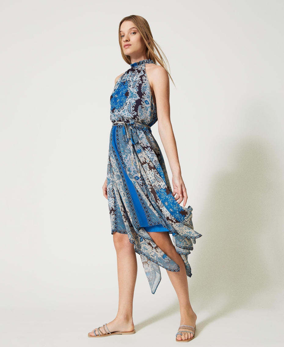 Asymmetric dress with scarf print “Neon Ink” Blue Scarf Print Woman 231LM2UDD-03