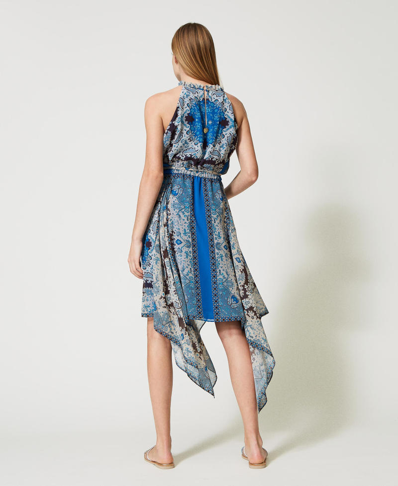 Asymmetric dress with scarf print “Neon Ink” Blue Scarf Print Woman 231LM2UDD-04