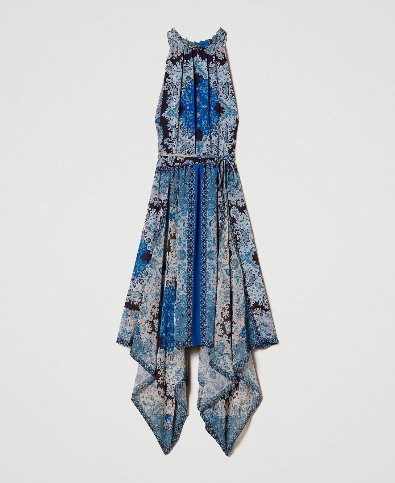 Asymmetric dress with scarf print “Neon Ink” Blue Scarf Print Woman 231LM2UDD-0S