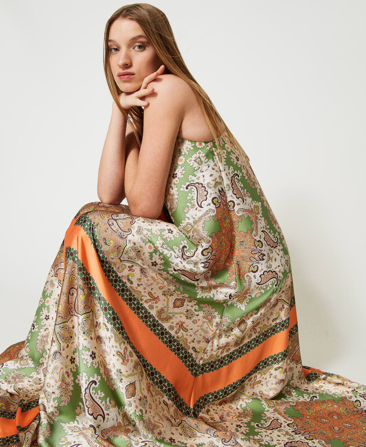 Long satin dress with scarf print Woman Orange TWINSET Milano