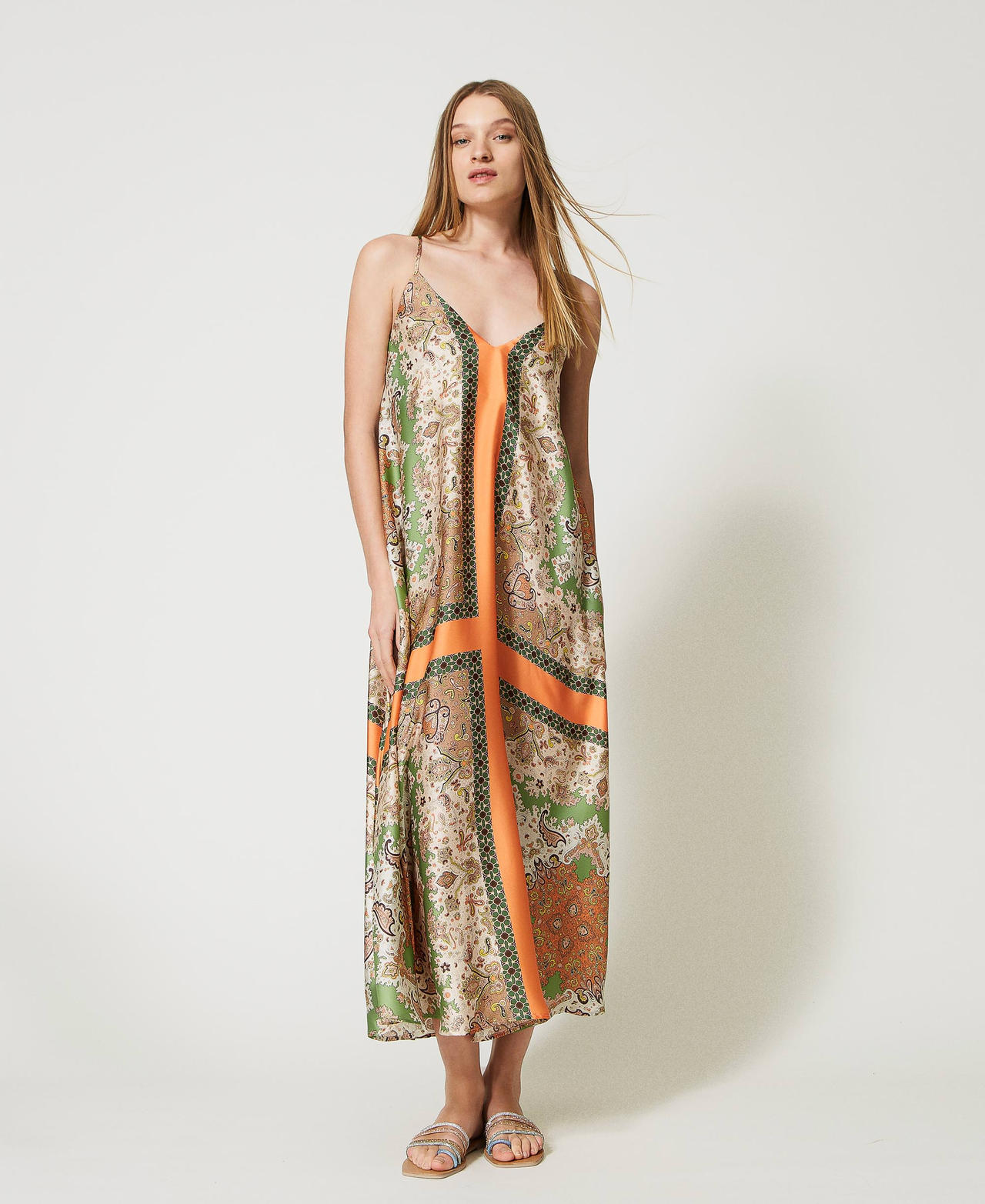 Long satin dress with scarf print “Cantaloupe” Orange Scarf Print Woman 231LM2VBB-02
