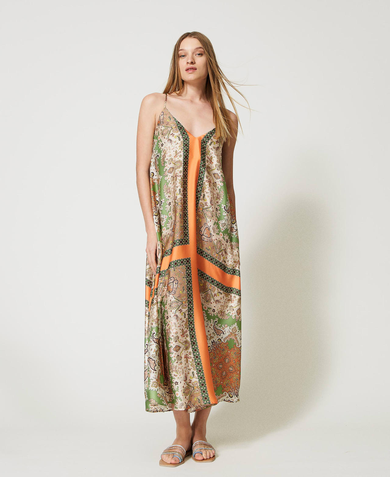 Long satin dress with scarf print