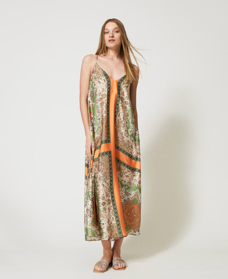 Long satin dress with scarf print