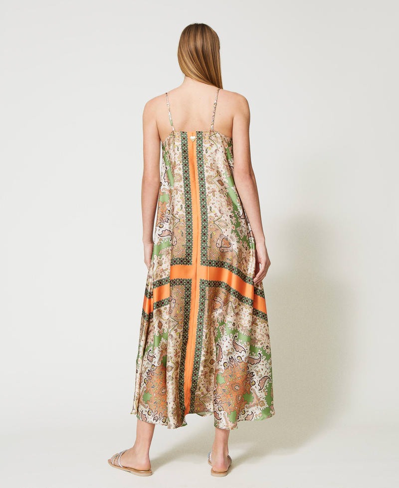 Long satin dress with scarf print